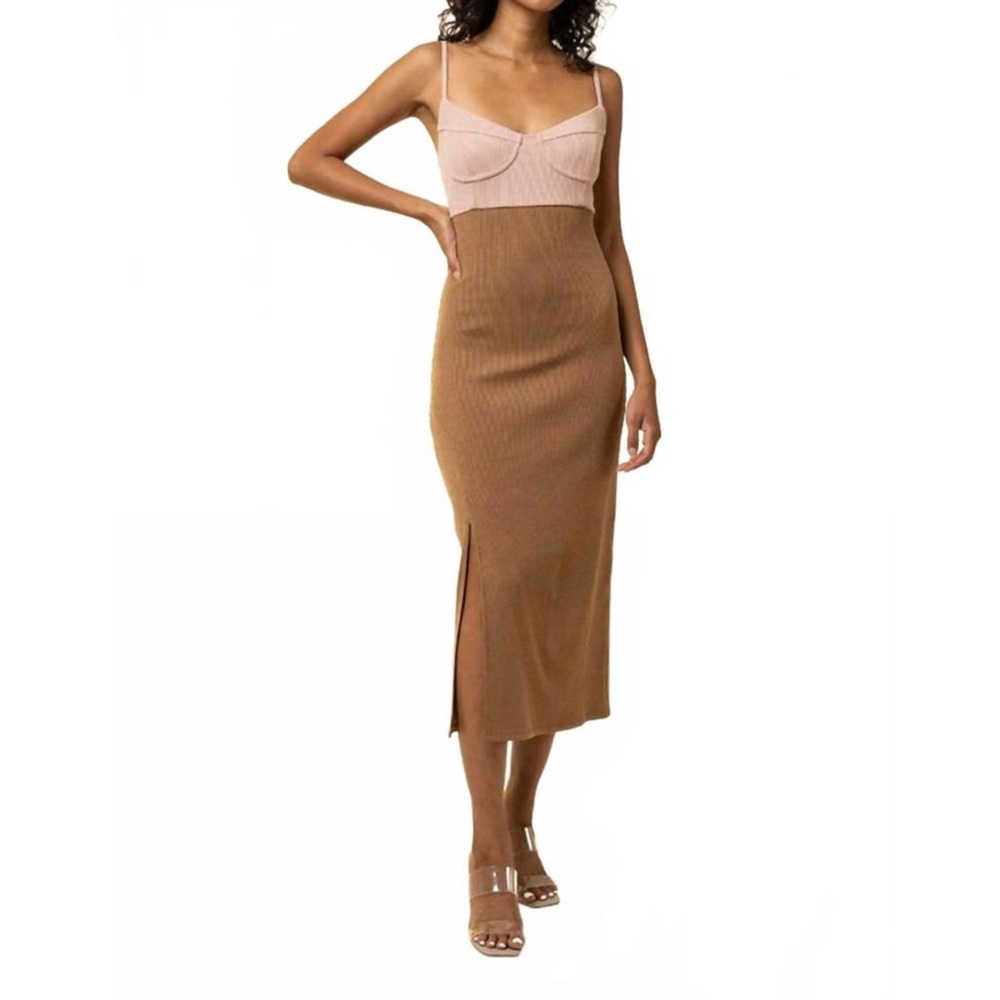 LINE AND DOT Maggie Knit Midi Dress blush pink & brown tan Sz Large